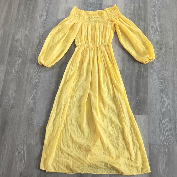 H&M Juliet Sunny Yellow Smocked Off The Shoulder Balloon Sleeve Midi Maxi Dress - Picture 7 of 8